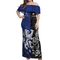 New Zealand And Scotland Rugby Custom Off Shoulder Maxi Dress Maori Tiki With Thistle Together LT05 Women Black - Polynesian Pride