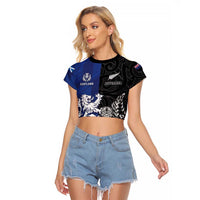 New Zealand And Scotland Rugby Custom Raglan Cropped T Shirt Maori Tiki With Thistle Together LT05 Female Black - Polynesian Pride