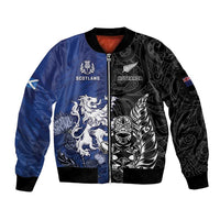 New Zealand And Scotland Rugby Custom Sleeve Zip Bomber Jacket Maori Tiki With Thistle Together LT05 Unisex Black - Polynesian Pride