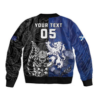 New Zealand And Scotland Rugby Custom Sleeve Zip Bomber Jacket Maori Tiki With Thistle Together LT05 - Polynesian Pride