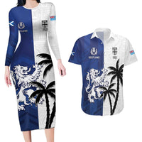 Fiji And Scotland Rugby Custom Couples Matching Long Sleeve Bodycon Dress and Hawaiian Shirt Fijian Palm Tree With Thistle Together
