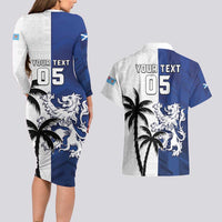 Fiji And Scotland Rugby Custom Couples Matching Long Sleeve Bodycon Dress and Hawaiian Shirt Fijian Palm Tree With Thistle Together
