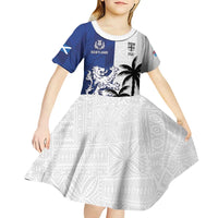 Fiji And Scotland Rugby Custom Kid Short Sleeve Dress Fijian Palm Tree With Thistle Together