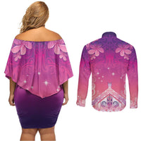 New Zealand Matariki Couples Matching Off Shoulder Short Dress and Long Sleeve Button Shirt Maori Marae Purple Galaxy LT05 - Polynesian Pride