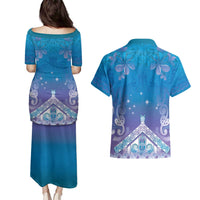 New Zealand Matariki Couples Matching Puletasi and Hawaiian Shirt Maori Marae Cyan Galaxy LT05 - Polynesian Pride