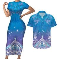 New Zealand Matariki Couples Matching Short Sleeve Bodycon Dress and Hawaiian Shirt Maori Marae Cyan Galaxy LT05 Cyan - Polynesian Pride