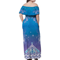 New Zealand Matariki Family Matching Off Shoulder Maxi Dress and Hawaiian Shirt Maori Marae Cyan Galaxy