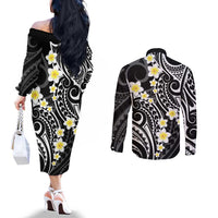 Plumeria With Black Polynesian Tattoo Pattern Couples Matching Off The Shoulder Long Sleeve Dress and Long Sleeve Button Shirt