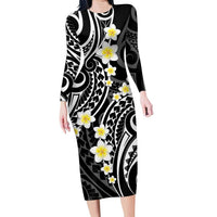 Plumeria With Black Polynesian Tattoo Pattern Family Matching Long Sleeve Bodycon Dress and Hawaiian Shirt