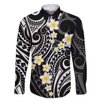Plumeria With Black Polynesian Tattoo Pattern Family Matching Off Shoulder Maxi Dress and Hawaiian Shirt LT05 Dad's Shirt - Long Sleeve Black - Polynesian Pride