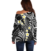 Plumeria With Black Polynesian Tattoo Pattern Off Shoulder Sweater