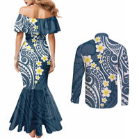 Plumeria With Blue Polynesian Tattoo Pattern Couples Matching Mermaid Dress and Long Sleeve Button Shirt