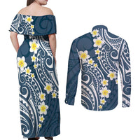 Plumeria With Blue Polynesian Tattoo Pattern Couples Matching Off Shoulder Maxi Dress and Long Sleeve Button Shirt