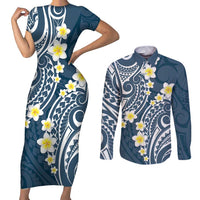 Plumeria With Blue Polynesian Tattoo Pattern Couples Matching Short Sleeve Bodycon Dress and Long Sleeve Button Shirt