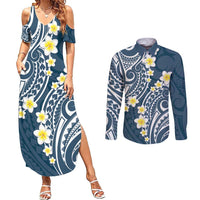 Plumeria With Blue Polynesian Tattoo Pattern Couples Matching Summer Maxi Dress and Long Sleeve Button Shirt