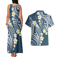 Plumeria With Blue Polynesian Tattoo Pattern Couples Matching Tank Maxi Dress and Hawaiian Shirt