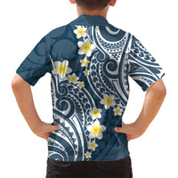 Plumeria With Blue Polynesian Tattoo Pattern Family Matching Long Sleeve Bodycon Dress and Hawaiian Shirt
