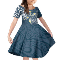 Plumeria With Blue Polynesian Tattoo Pattern Family Matching Long Sleeve Bodycon Dress and Hawaiian Shirt