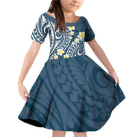 Plumeria With Blue Polynesian Tattoo Pattern Family Matching Off Shoulder Short Dress and Hawaiian Shirt LT05 Daughter's Dress Blue - Polynesian Pride