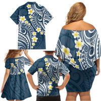 Plumeria With Blue Polynesian Tattoo Pattern Family Matching Off Shoulder Short Dress and Hawaiian Shirt LT05 - Polynesian Pride