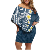 Plumeria With Blue Polynesian Tattoo Pattern Family Matching Off Shoulder Short Dress and Hawaiian Shirt LT05 Mom's Dress Blue - Polynesian Pride