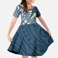 Plumeria With Blue Polynesian Tattoo Pattern Kid Short Sleeve Dress LT05 KID Blue - Polynesian Pride