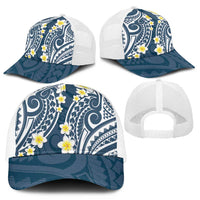 Plumeria With Blue Polynesian Tattoo Pattern Mesh Trucker Cap - Polynesian Pride