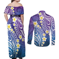 Plumeria With Galaxy Polynesian Tattoo Pattern Couples Matching Off Shoulder Maxi Dress and Long Sleeve Button Shirt