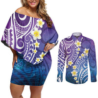 Plumeria With Galaxy Polynesian Tattoo Pattern Couples Matching Off Shoulder Short Dress and Long Sleeve Button Shirt