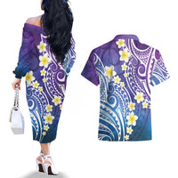 Plumeria With Galaxy Polynesian Tattoo Pattern Couples Matching Off The Shoulder Long Sleeve Dress and Hawaiian Shirt