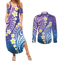 Plumeria With Galaxy Polynesian Tattoo Pattern Couples Matching Summer Maxi Dress and Long Sleeve Button Shirt