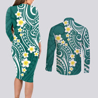 Plumeria With Teal Polynesian Tattoo Pattern Couples Matching Long Sleeve Bodycon Dress and Long Sleeve Button Shirt