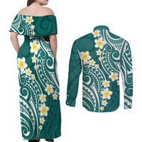Plumeria With Teal Polynesian Tattoo Pattern Couples Matching Off Shoulder Maxi Dress and Long Sleeve Button Shirt