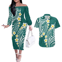 Plumeria With Teal Polynesian Tattoo Pattern Couples Matching Off The Shoulder Long Sleeve Dress and Hawaiian Shirt