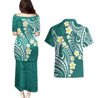 Plumeria With Teal Polynesian Tattoo Pattern Couples Matching Puletasi and Hawaiian Shirt