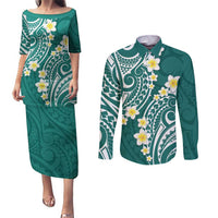 Plumeria With Teal Polynesian Tattoo Pattern Couples Matching Puletasi and Long Sleeve Button Shirt