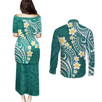 Plumeria With Teal Polynesian Tattoo Pattern Couples Matching Puletasi and Long Sleeve Button Shirt