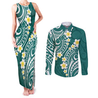 Plumeria With Teal Polynesian Tattoo Pattern Couples Matching Tank Maxi Dress and Long Sleeve Button Shirt