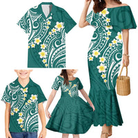 Plumeria With Teal Polynesian Tattoo Pattern Family Matching Mermaid Dress and Hawaiian Shirt LT05 - Polynesian Pride