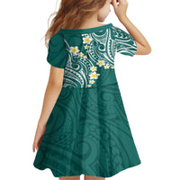 Plumeria With Teal Polynesian Tattoo Pattern Family Matching Off The Shoulder Long Sleeve Dress and Hawaiian Shirt