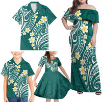 Plumeria With Teal Polynesian Tattoo Pattern Family Matching Off Shoulder Maxi Dress and Hawaiian Shirt LT05 - Polynesian Pride
