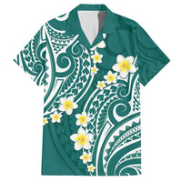Plumeria With Teal Polynesian Tattoo Pattern Family Matching Short Sleeve Bodycon Dress and Hawaiian Shirt LT05 Dad's Shirt - Short Sleeve Teal - Polynesian Pride