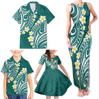 Plumeria With Teal Polynesian Tattoo Pattern Family Matching Tank Maxi Dress and Hawaiian Shirt LT05 - Polynesian Pride