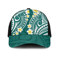 Plumeria With Teal Polynesian Tattoo Pattern Mesh Trucker Cap - Polynesian Pride