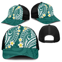 Plumeria With Teal Polynesian Tattoo Pattern Mesh Trucker Cap - Polynesian Pride