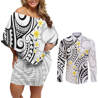Plumeria With White Polynesian Tattoo Pattern Couples Matching Off Shoulder Short Dress and Long Sleeve Button Shirt
