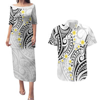 Plumeria With White Polynesian Tattoo Pattern Couples Matching Puletasi and Hawaiian Shirt