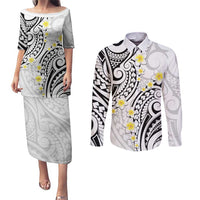 Plumeria With White Polynesian Tattoo Pattern Couples Matching Puletasi and Long Sleeve Button Shirt