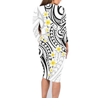 Plumeria With White Polynesian Tattoo Pattern Family Matching Long Sleeve Bodycon Dress and Hawaiian Shirt