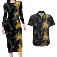 Hawaiian Honu And Surfboards Couples Matching Long Sleeve Bodycon Dress and Hawaiian Shirt Gold Style - Polynesian Pride